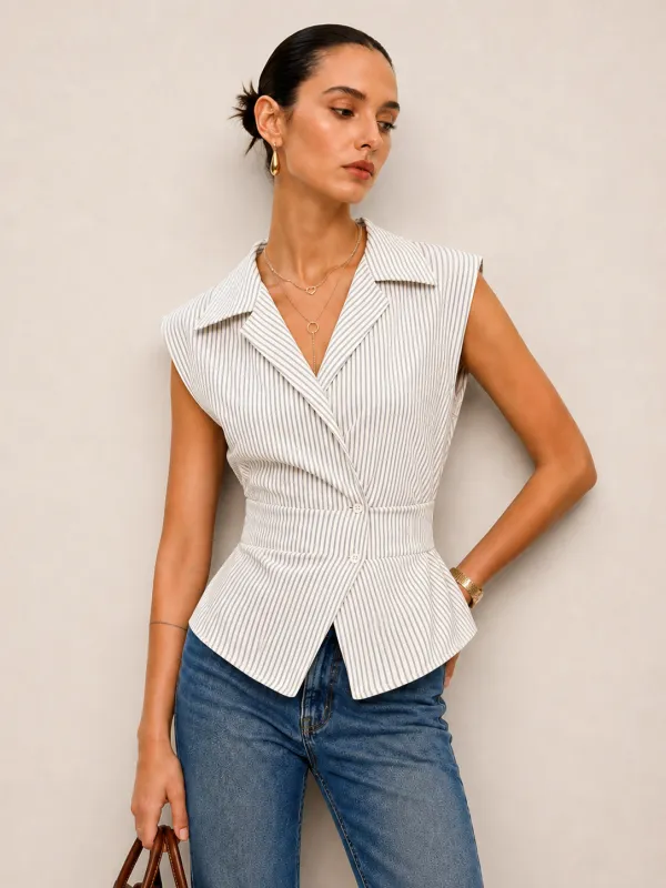 Striped Lapel Tie-Back Sleeveless Blouse made by COMMENSE