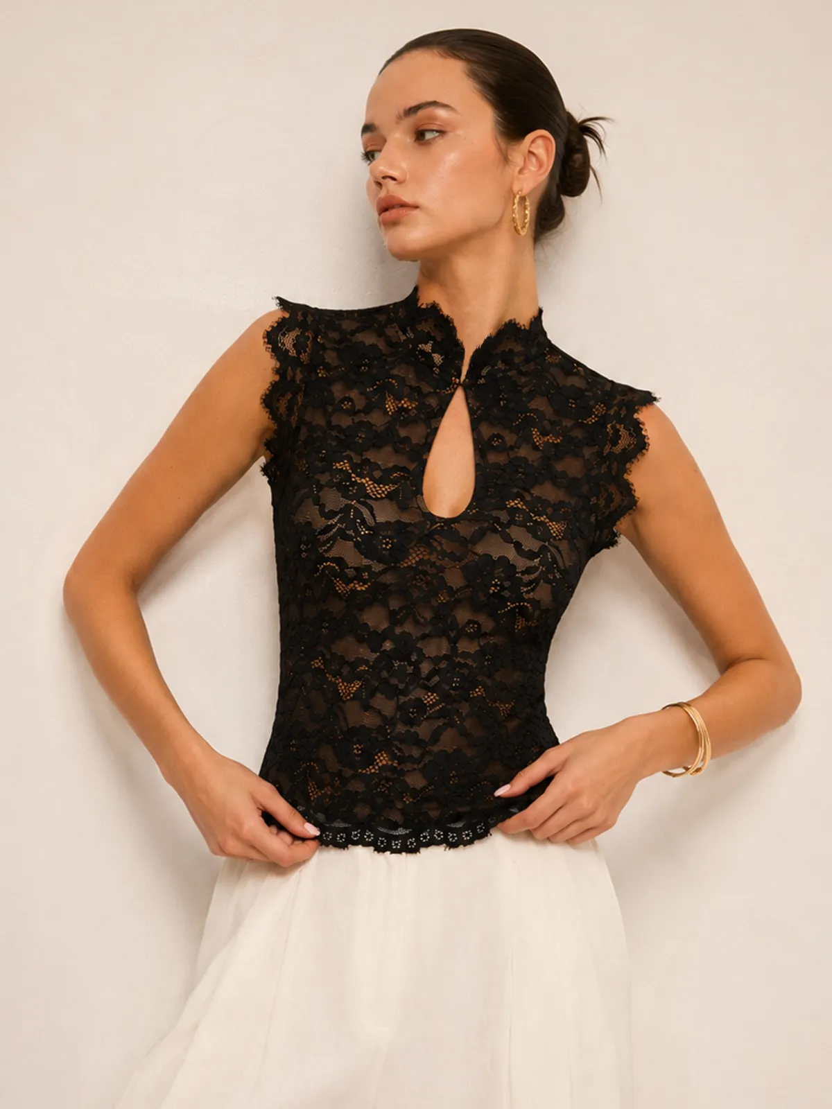 Keyhole Neck Lace Sleeveless Top sold by COMMENSE