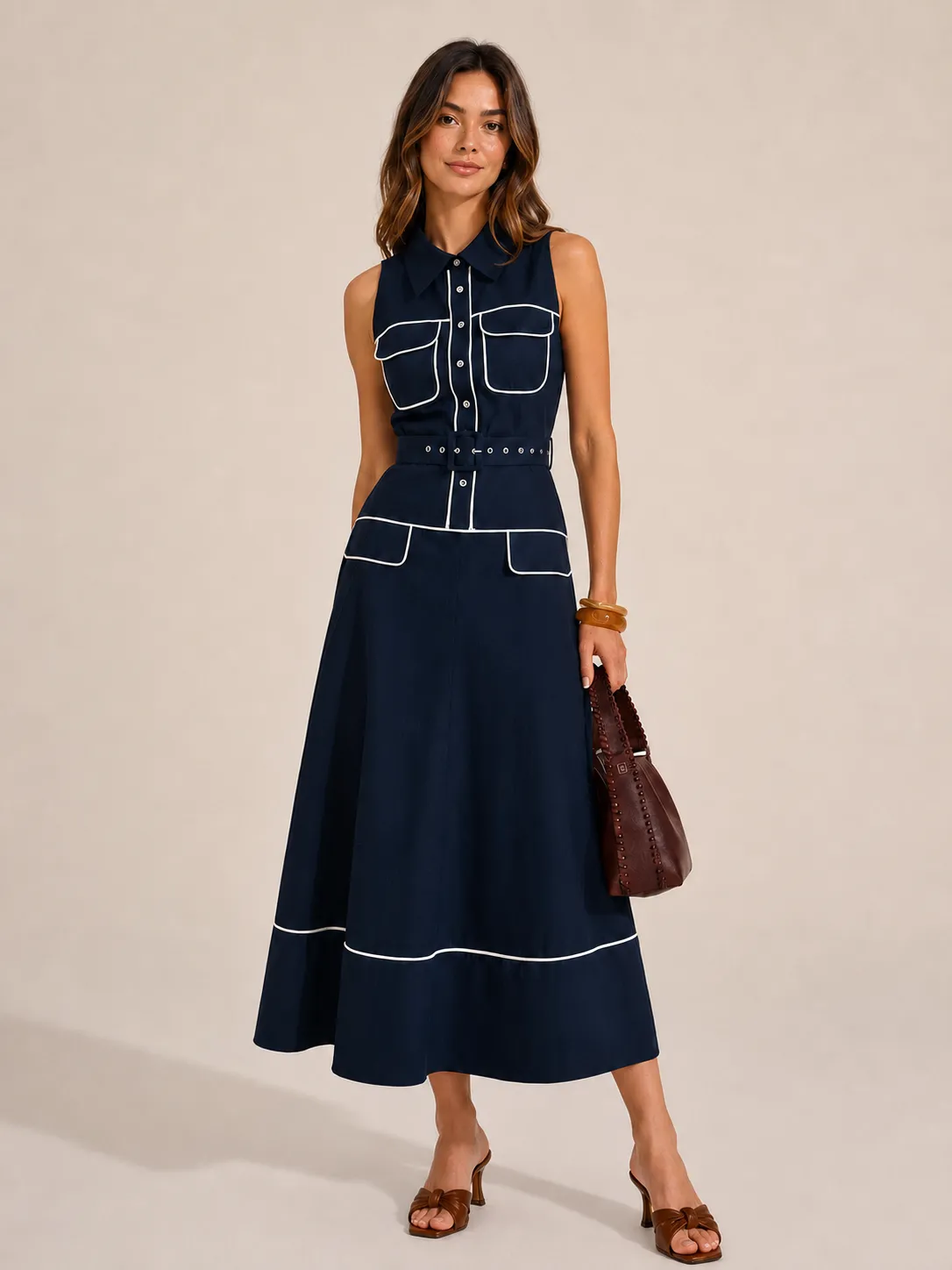 Contrast Piping Belted Cotton Linen Shirt Dress sold by COMMENSE