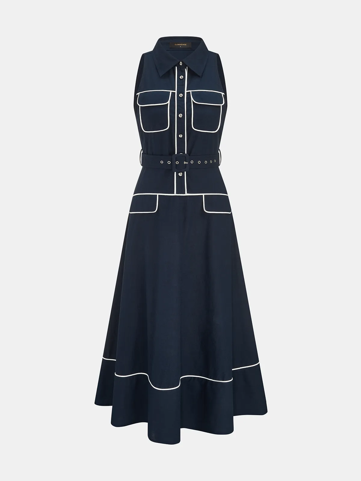 Contrast Piping Belted Cotton Linen Shirt Dress sold by COMMENSE product image thumbnail 2