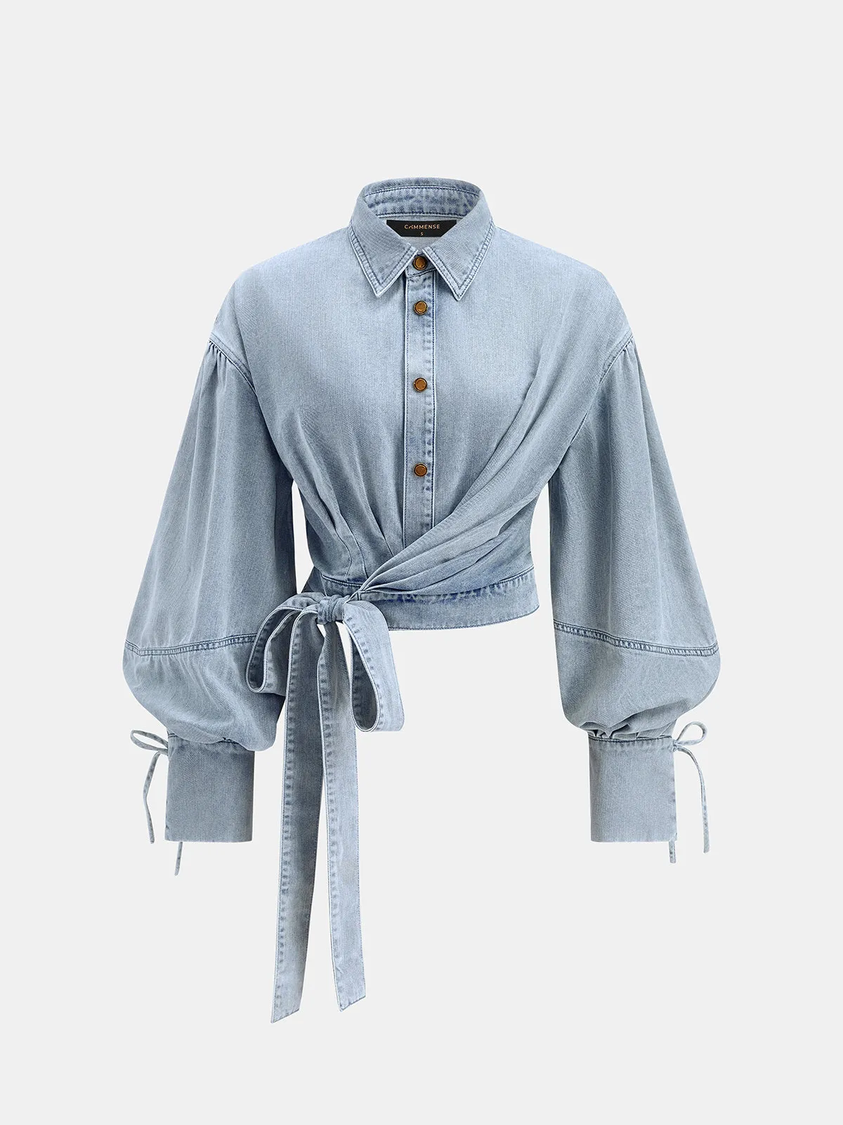 Tie Waist Cropped Denim Shirt sold by COMMENSE
