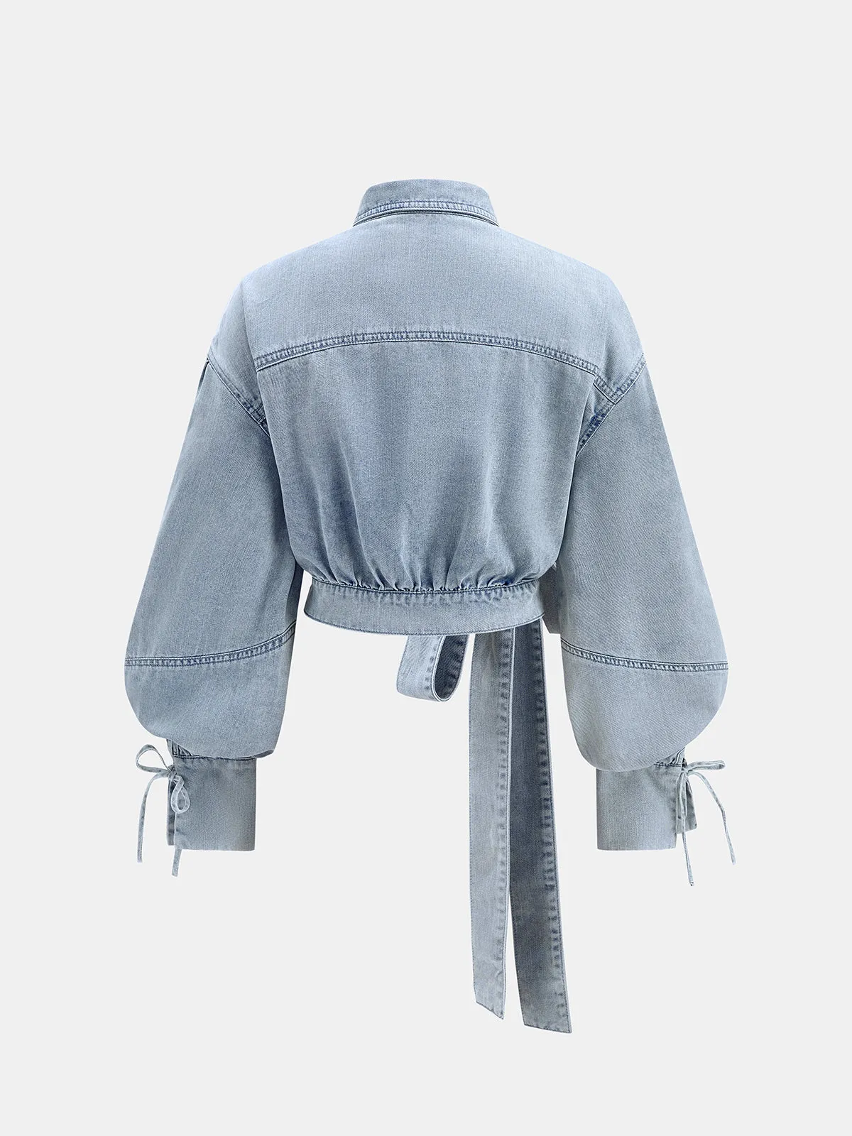 Tie Waist Cropped Denim Shirt sold by COMMENSE product image thumbnail 2