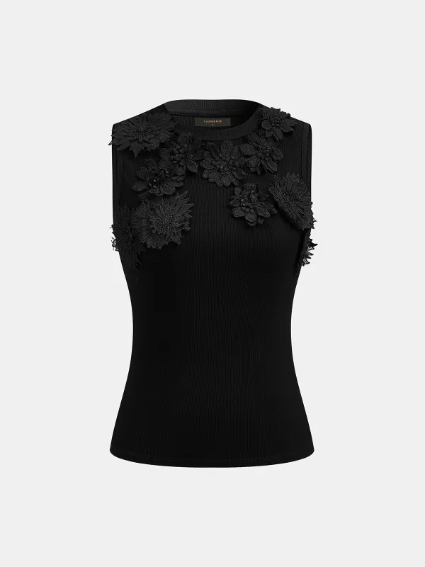 Floral Applique Ribbed Sleeveless Tank Top made by COMMENSE