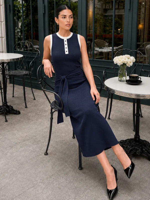 Contrast Trim Tie-Waist Knit Midi Dress made by COMMENSE