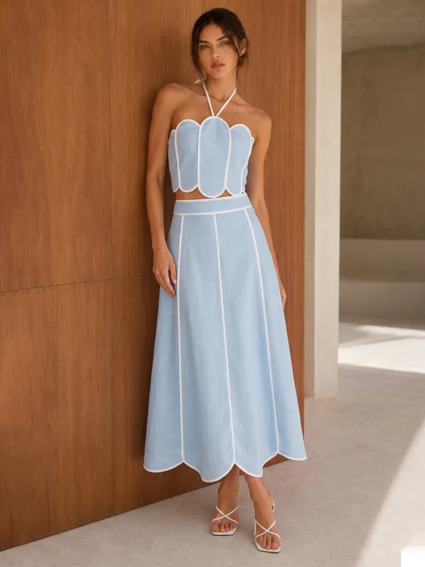 Scallop Trim Halter Crop Top & Skirt Set made by COMMENSE