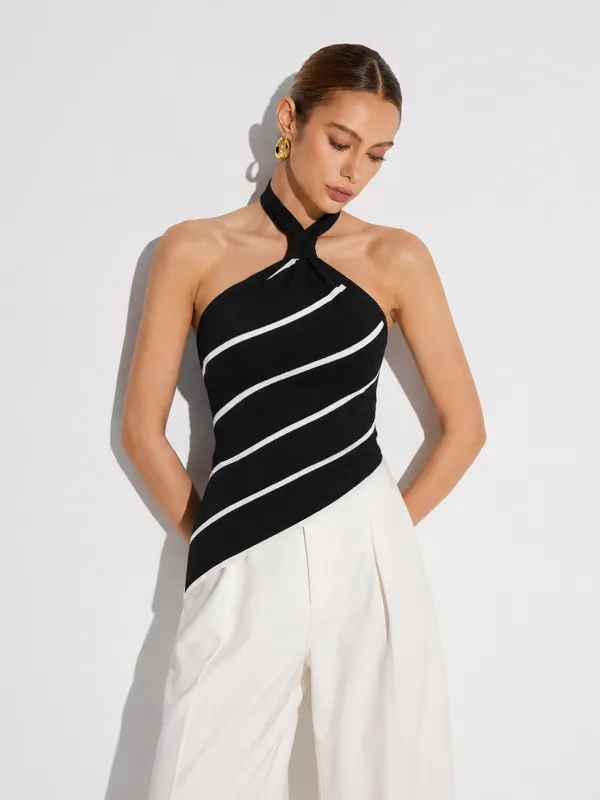 Striped Asymmetric Halter Knit Top made by COMMENSE