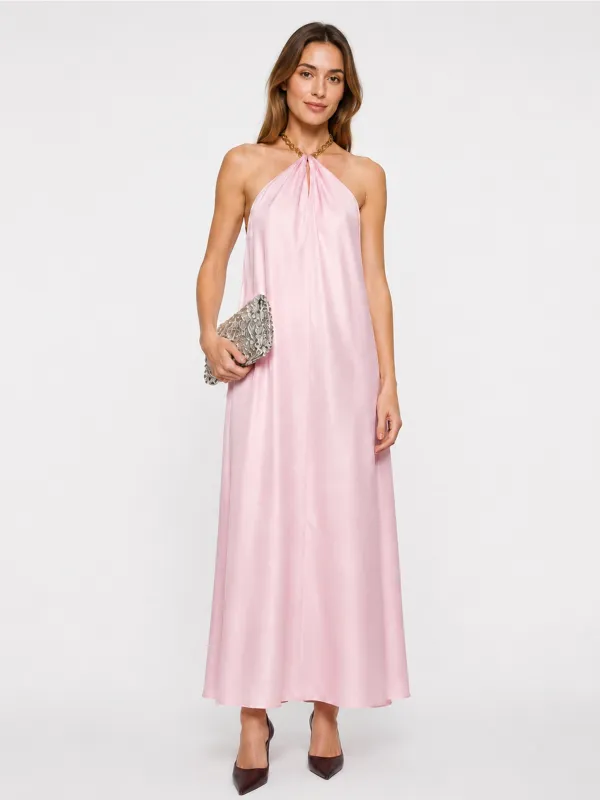 Chain Halter Satin Maxi Dress made by COMMENSE