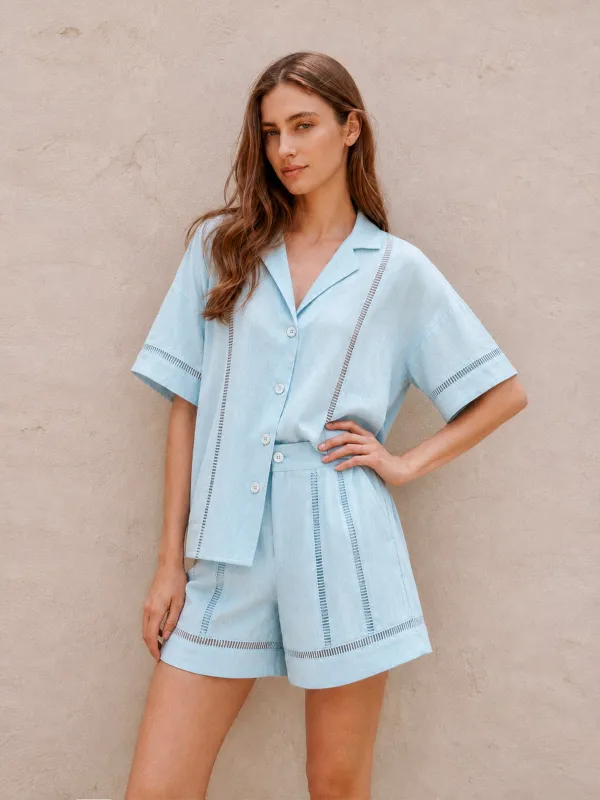 Hollow Linen Blend Two Piece Shorts Set made by COMMENSE