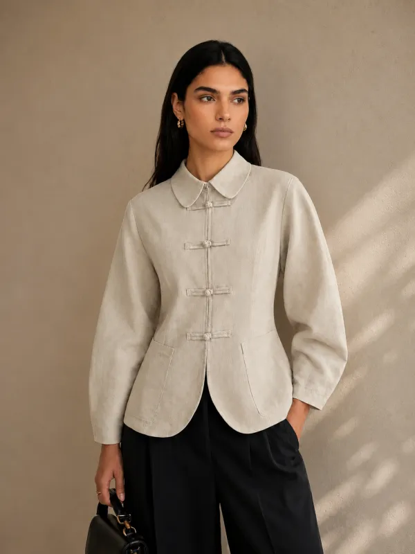 Frog Button Cotton Linen Long Sleeve Shirt made by COMMENSE