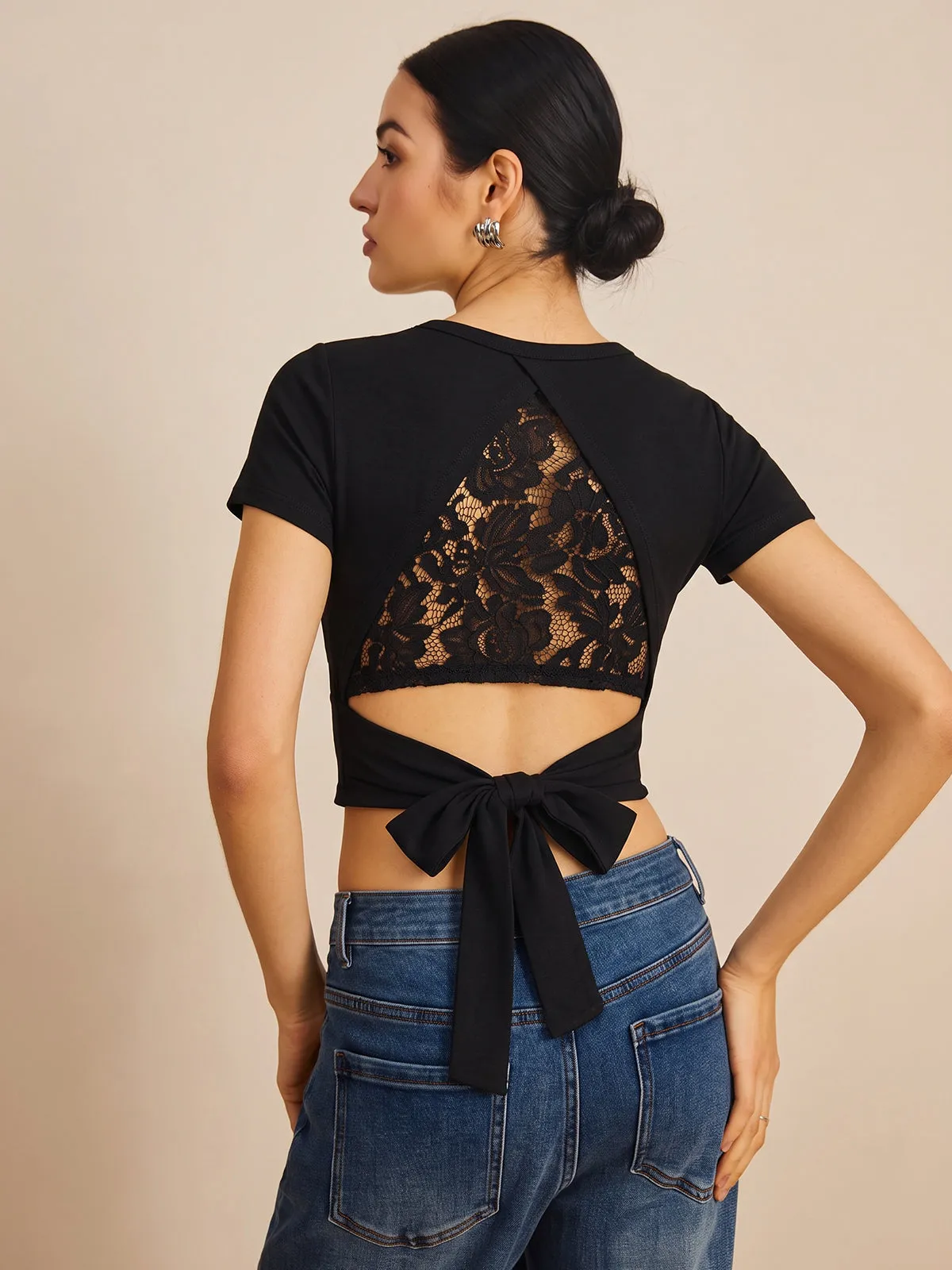 Lace Open Back Tie Cropped Top sold by COMMENSE