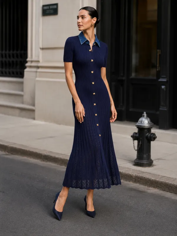 Denim Collar Ribbed Knit Maxi Dress made by COMMENSE