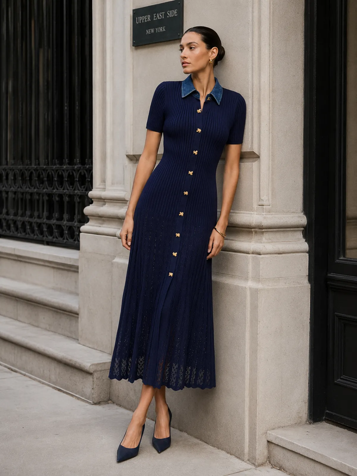 Denim Collar Ribbed Knit Maxi Dress sold by COMMENSE product image thumbnail 2