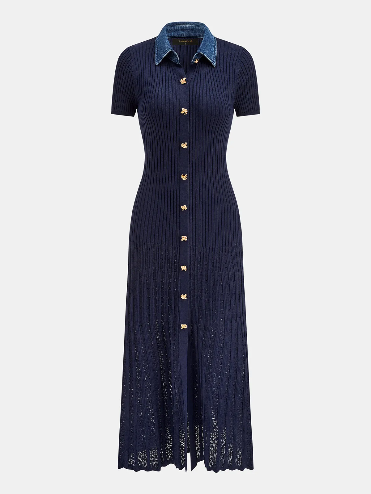 Denim Collar Ribbed Knit Maxi Dress sold by COMMENSE product image thumbnail 3