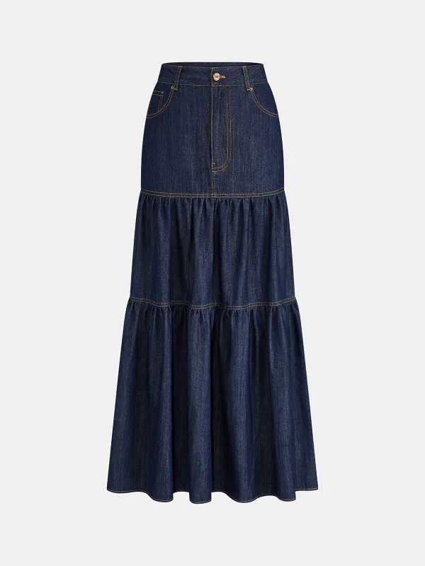 Layered Flowy Denim Maxi Skirt made by COMMENSE