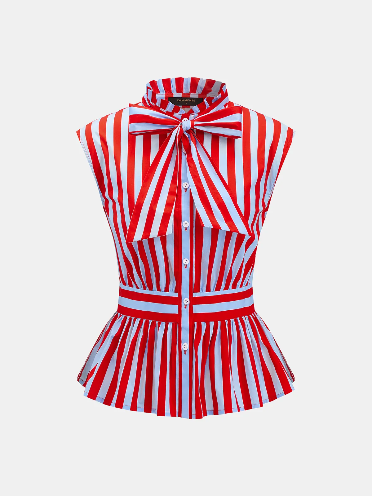 Striped Bow Tie Sleeveless Peplum Blouse sold by COMMENSE product image thumbnail 2