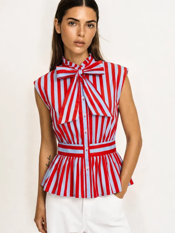 Striped Bow Tie Sleeveless Peplum Blouse made by COMMENSE