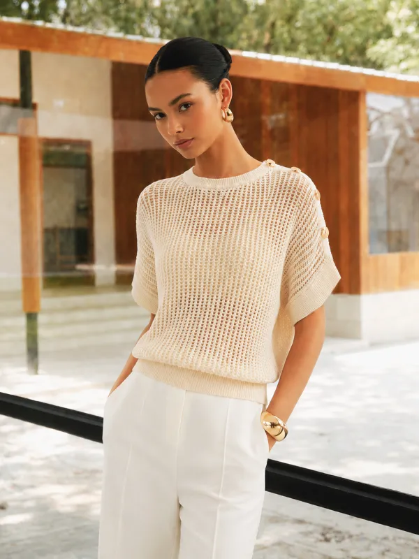 Open Knit Button Shoulder Short Sleeve Sweater made by COMMENSE