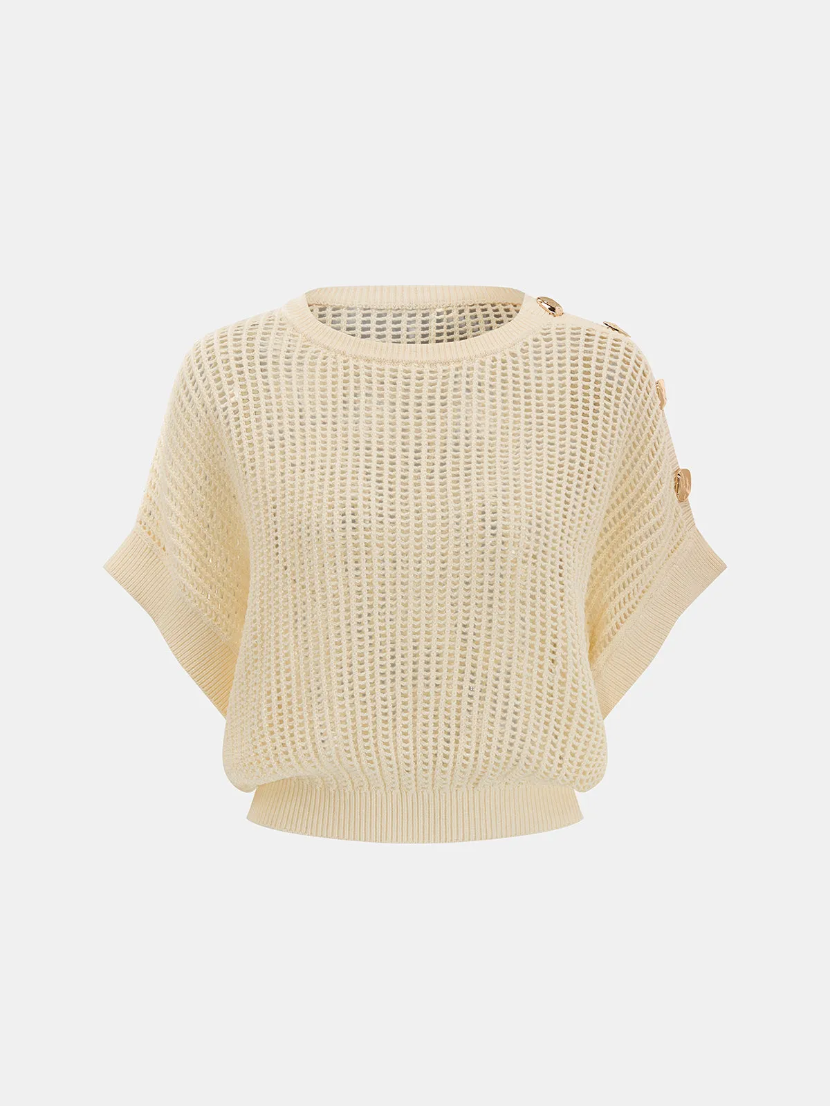 Open Knit Button Shoulder Short Sleeve Sweater sold by COMMENSE product image thumbnail 2