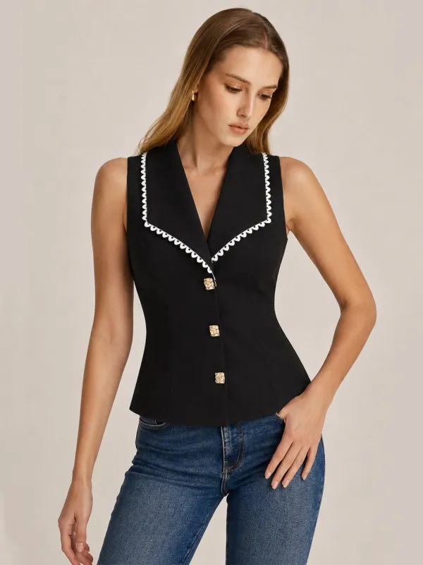 Linen Blend Lace Trim Metal Button Vest made by COMMENSE