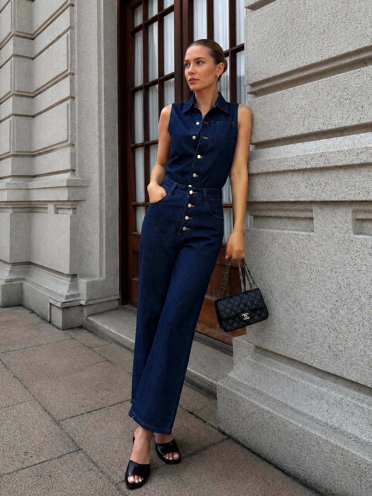 Sleeveless Denim Shirt & Nine-Pants Set sold by COMMENSE