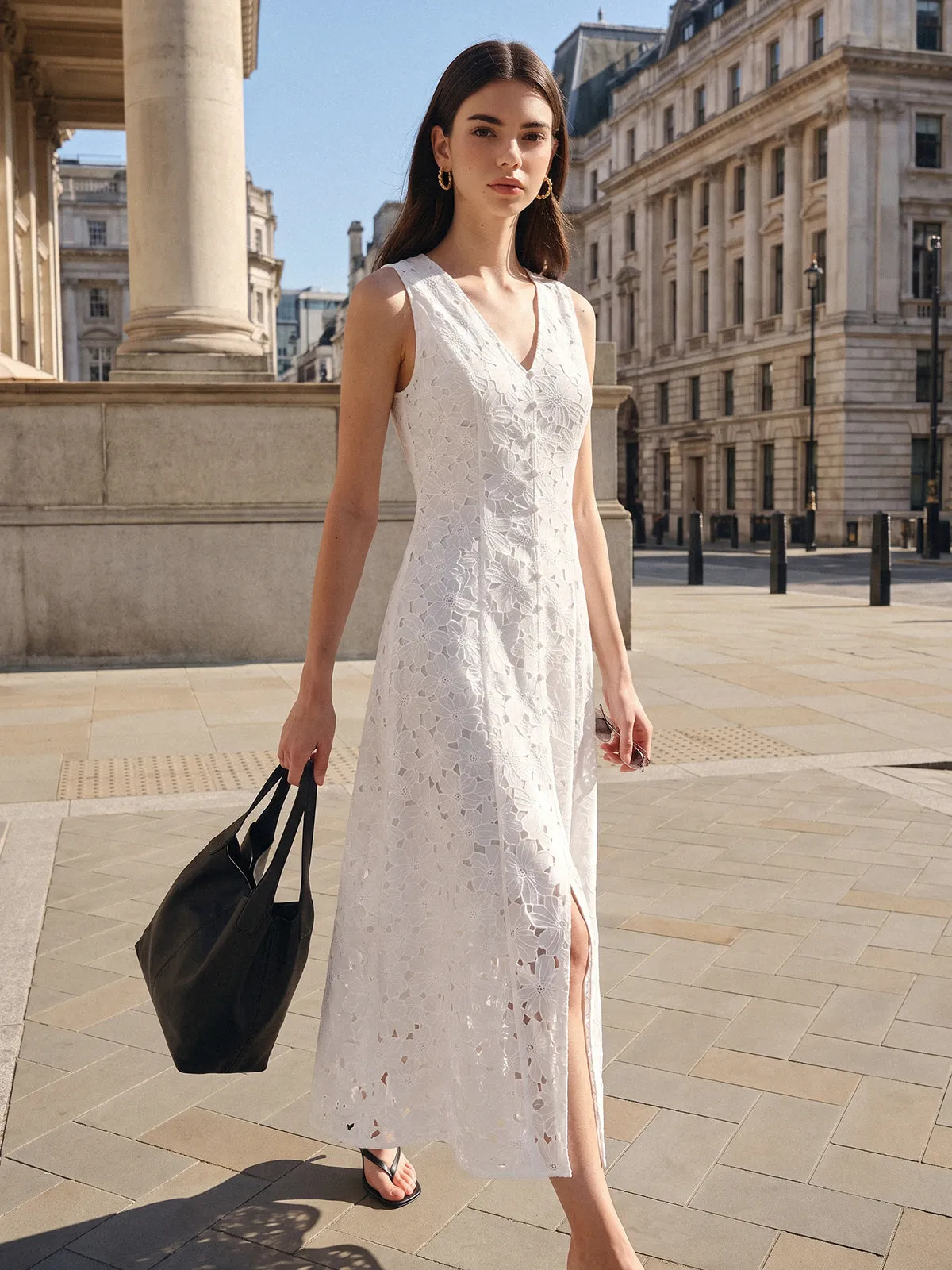Sleeveless Floral Cutwork Slit Midi Dress sold by COMMENSE