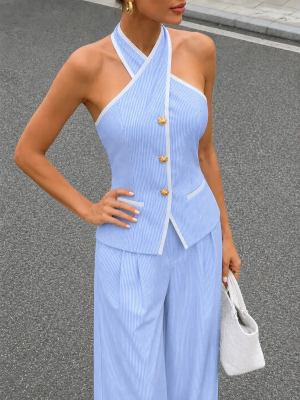 Pinstripe Cotton Blend Two Piece Pants Set made by COMMENSE