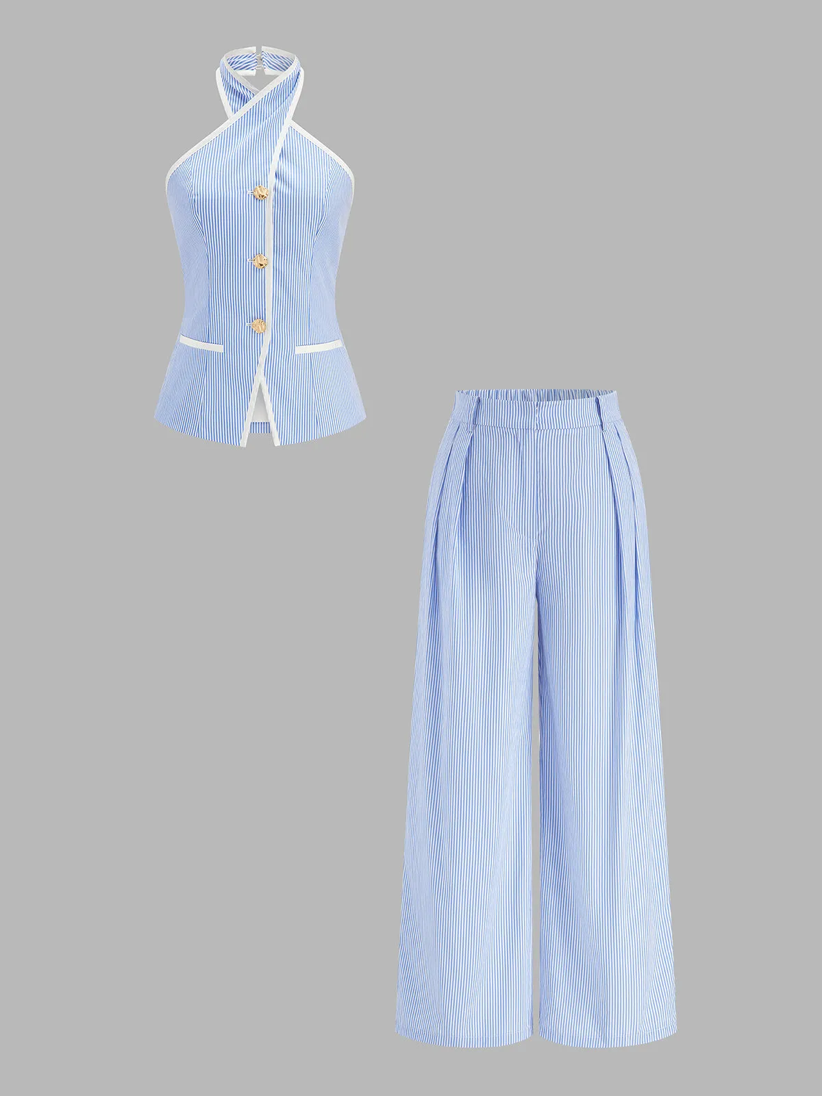 Pinstripe Cotton Blend Two Piece Pants Set sold by COMMENSE product image thumbnail 3