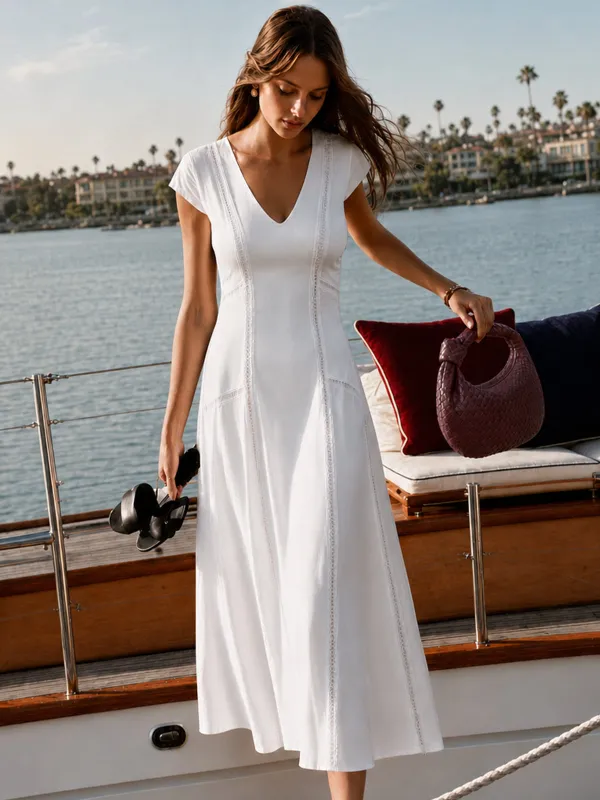 Cap Sleeve V Neck Hollow Midi Dress made by COMMENSE