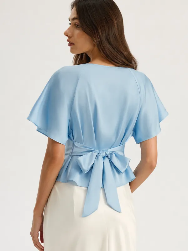 Bow Back Cinched Waist Satin Blouse made by COMMENSE