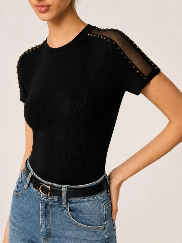 Studded Mesh Ribbed Short Sleeve T-Shirt made by COMMENSE