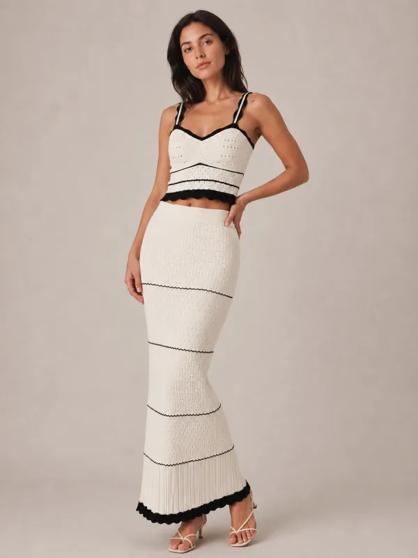 Contrast Trim Hollow Knit Two Piece Skirt Set made by COMMENSE
