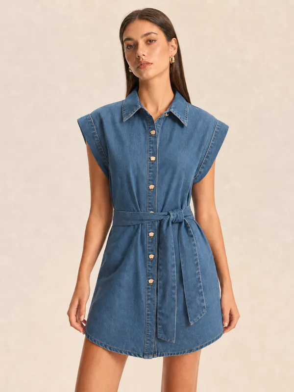 Belted Button Down Denim Shirt Dress made by COMMENSE