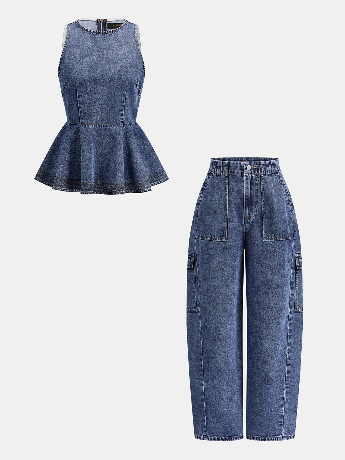 Sleeveless Peplum Denim Tank Top sold by COMMENSE
