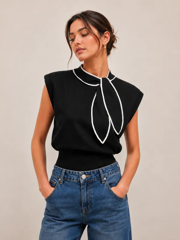 Tie Neck Sleeveless Knit Top made by COMMENSE
