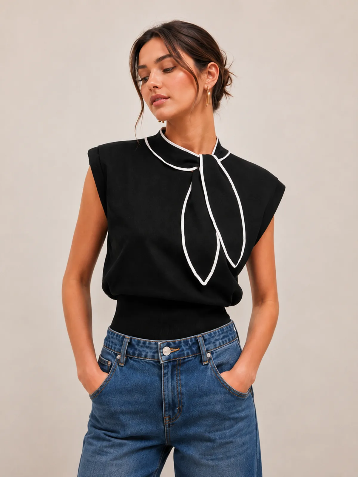 Tie Neck Sleeveless Knit Top sold by COMMENSE
