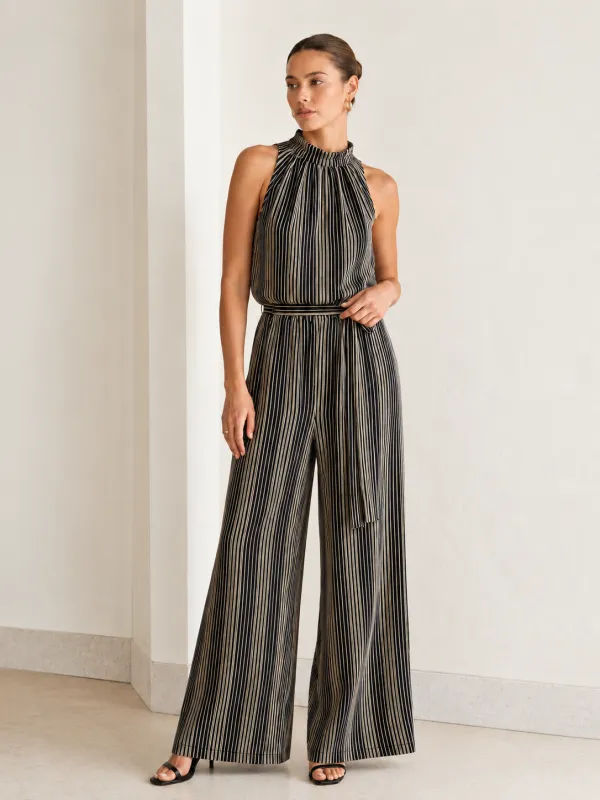 Halter Striped Top & Belted Pants Set made by COMMENSE