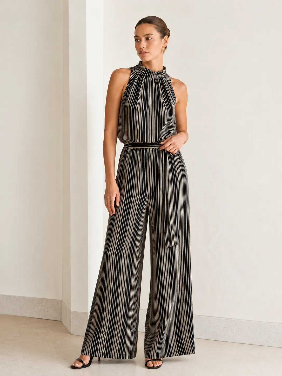 Halter Striped Top & Belted Pants Set sold by COMMENSE