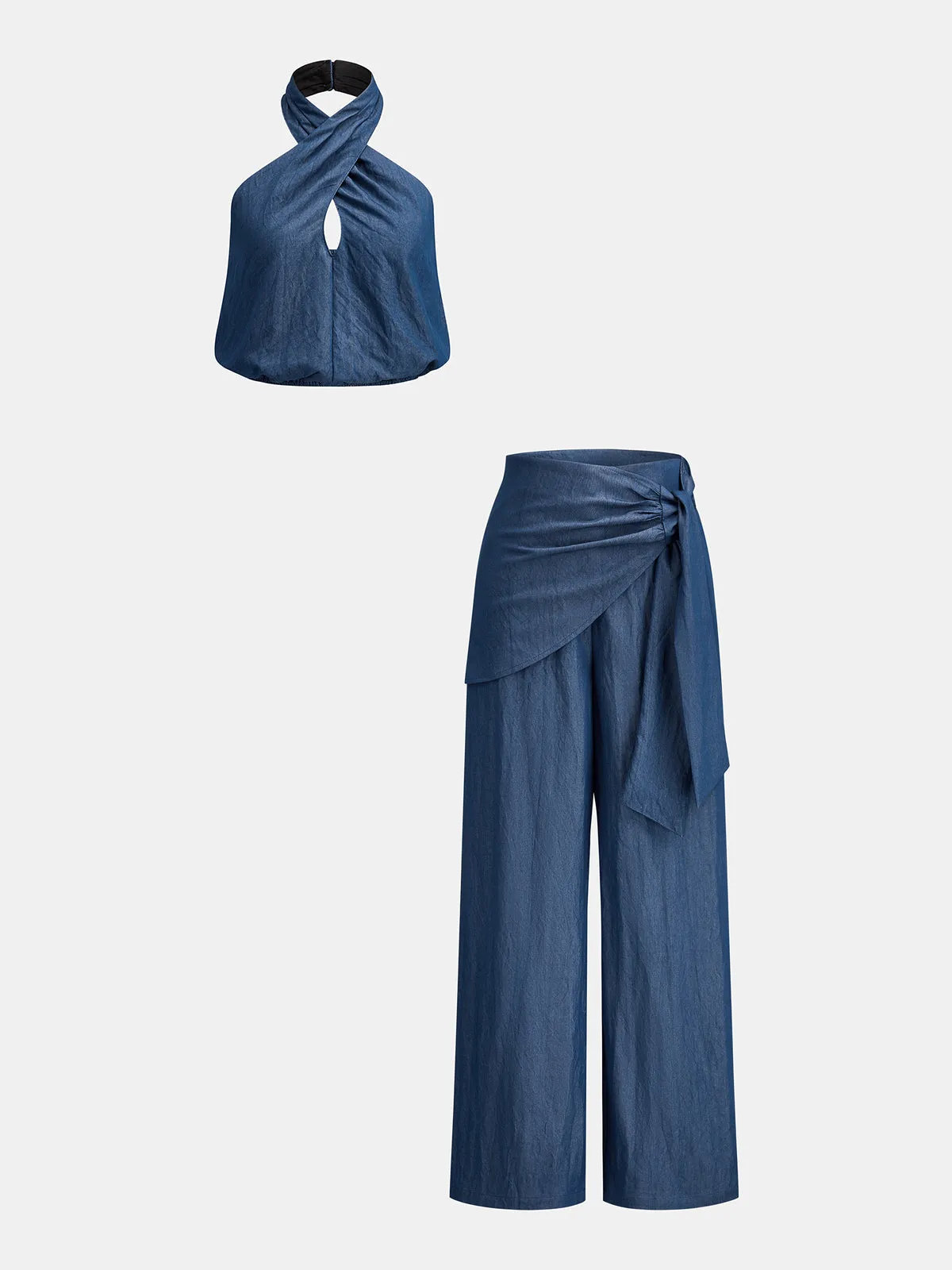 Cross Halter Top & Slant Wrap Pants Set sold by COMMENSE product image thumbnail 2