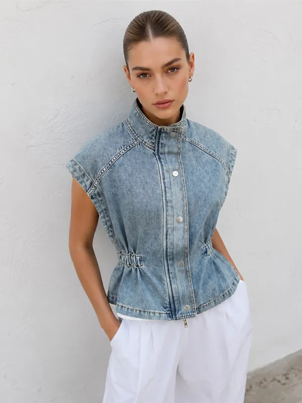Sleeveless Cinched Waist Denim Top made by COMMENSE