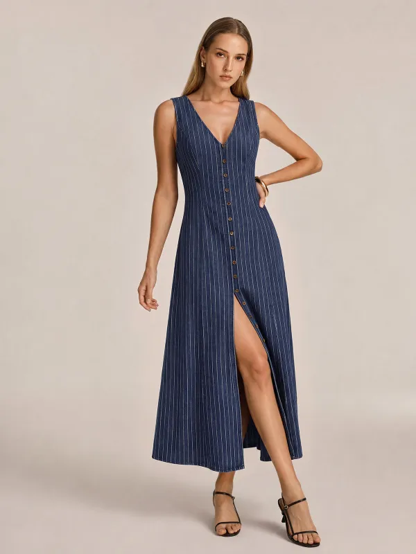 Striped Sleeveless Button Front Denim Dress made by COMMENSE