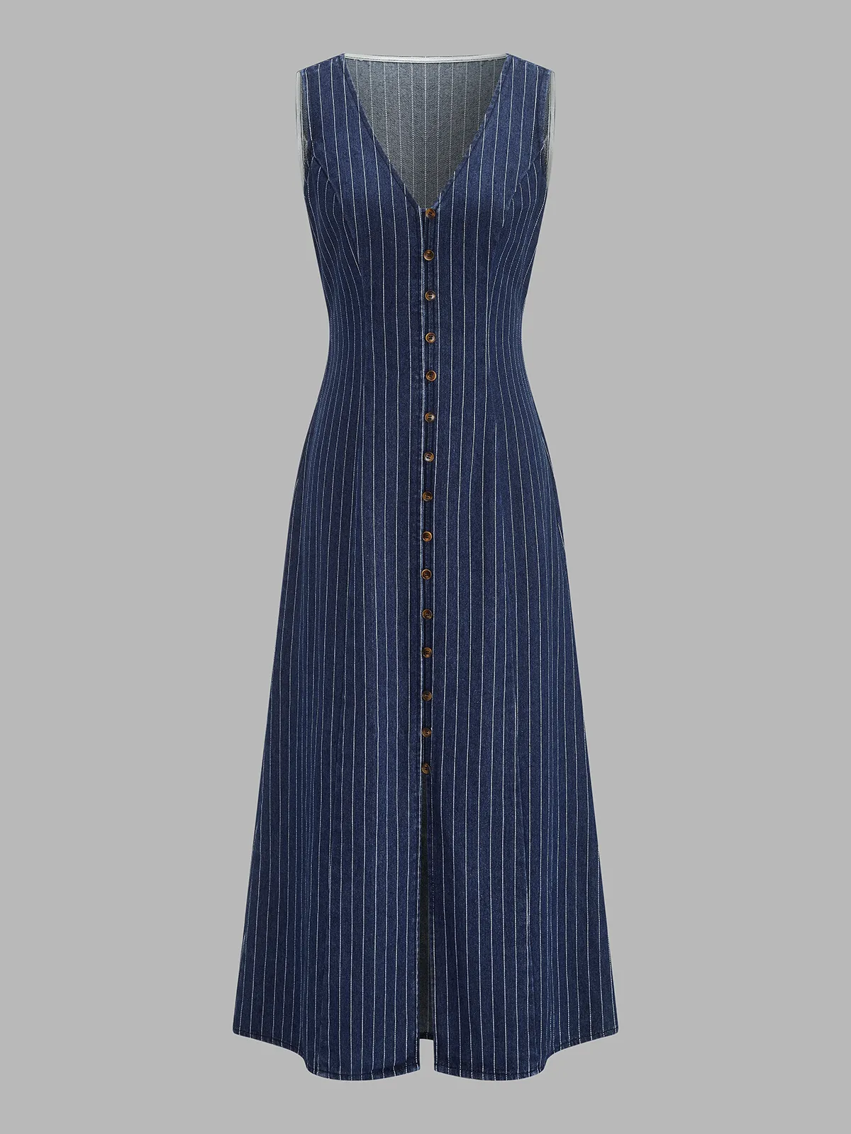 Striped Sleeveless Button Front Denim Dress sold by COMMENSE product image thumbnail 2
