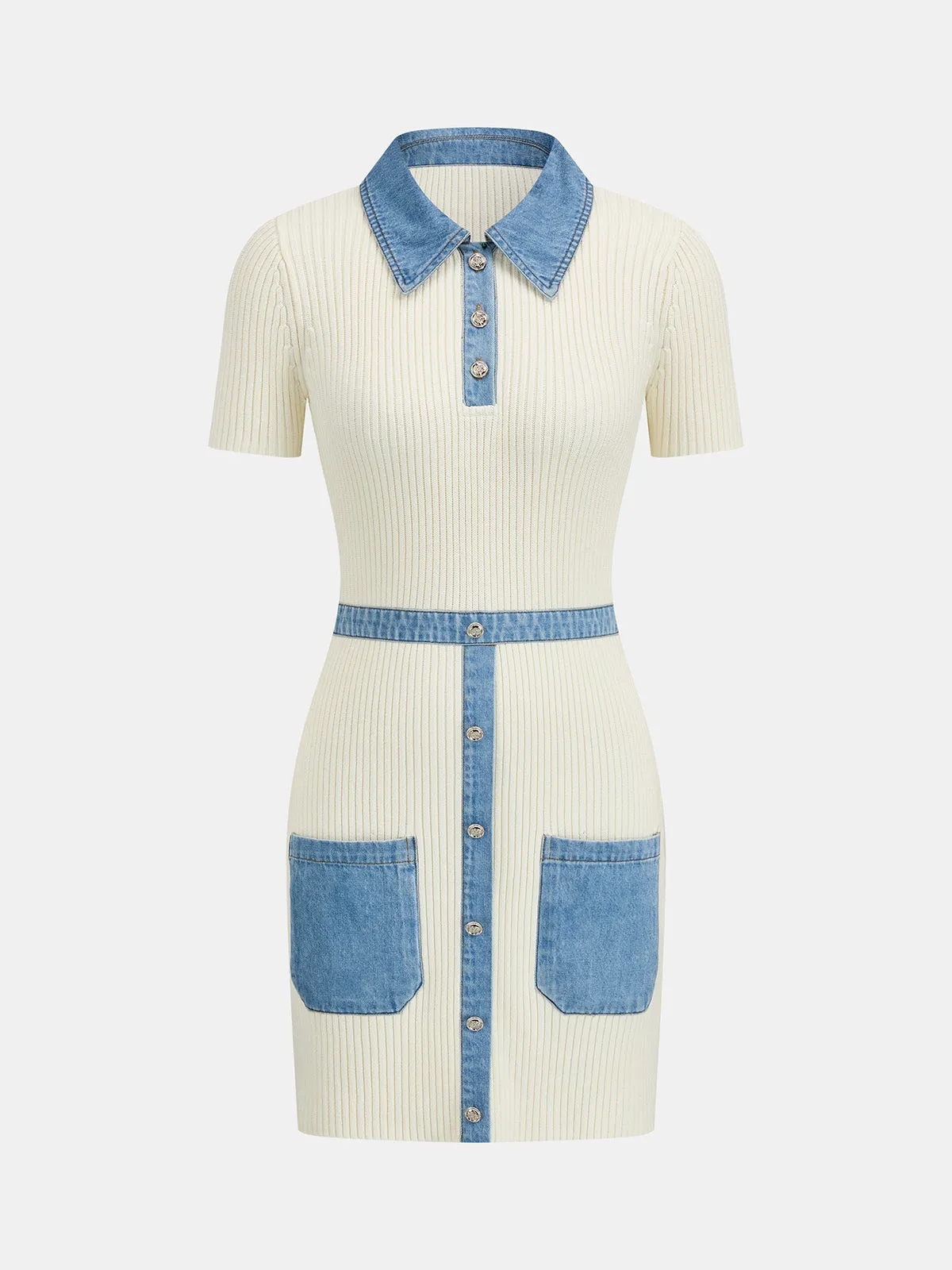 Denim Patchwork Polo Bodycon Knit Dress sold by COMMENSE product image thumbnail 2