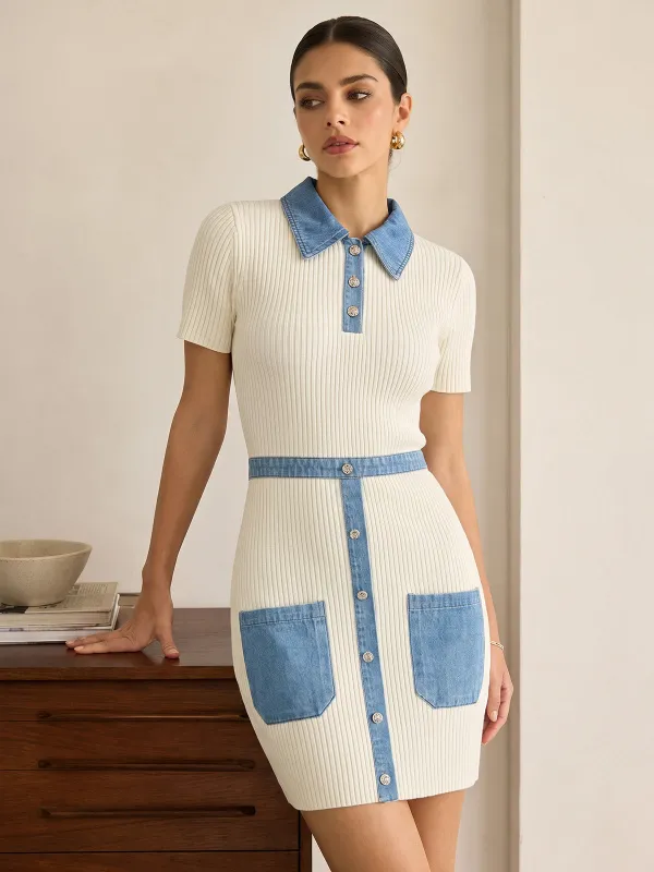 Denim Patchwork Polo Bodycon Knit Dress made by COMMENSE