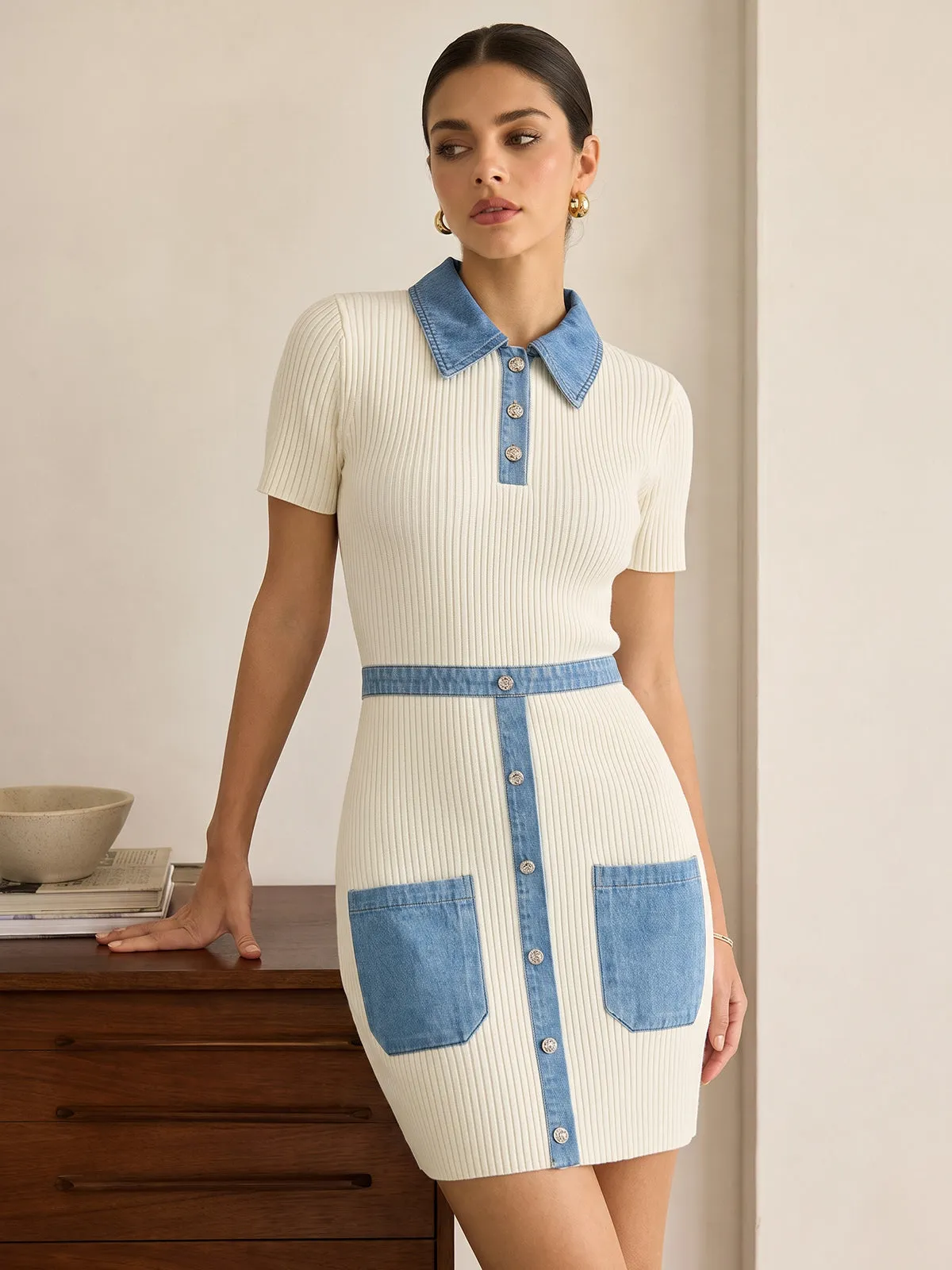 Denim Patchwork Polo Bodycon Knit Dress sold by COMMENSE