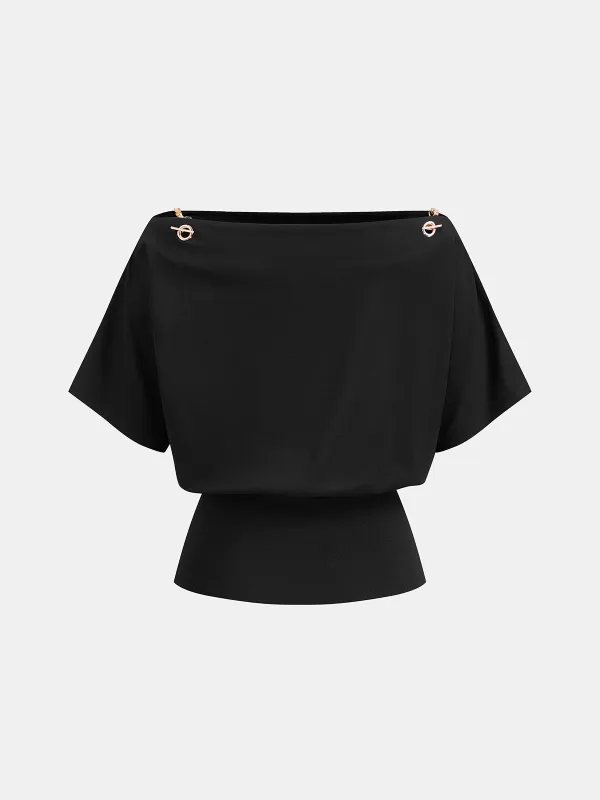 Chain Detail Off Shoulder Short Sleeve Top made by COMMENSE