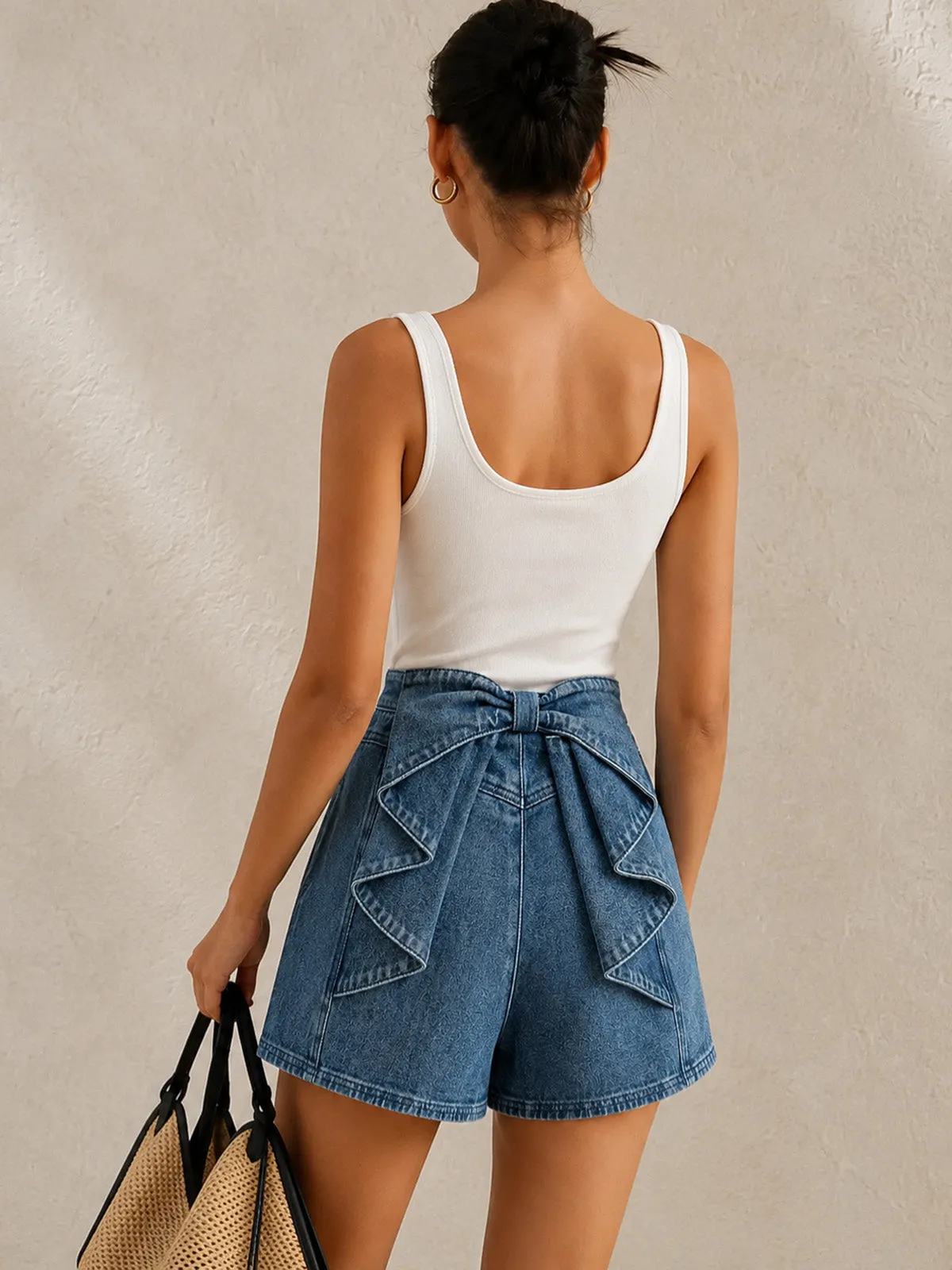 Back Big Bow A-Line Denim Shorts sold by COMMENSE product image thumbnail 2