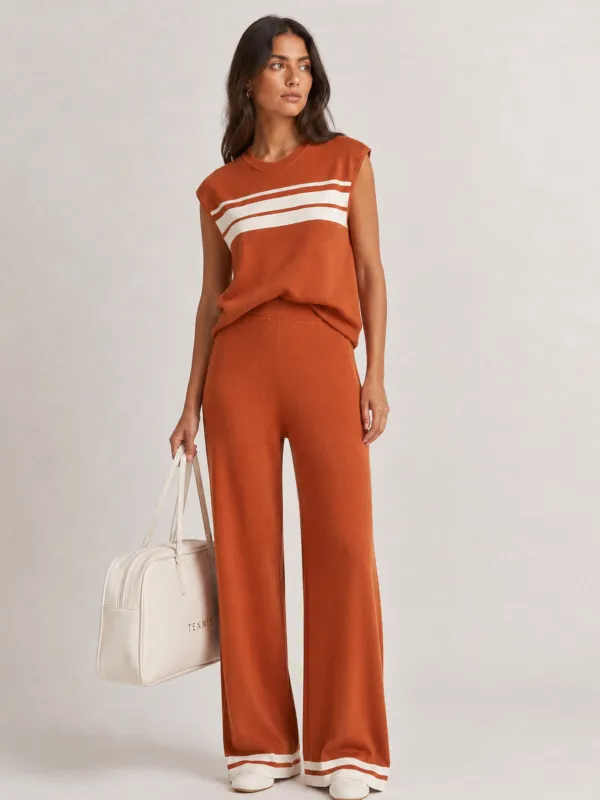Contrast Striped Knit Two Piece Pants Set made by COMMENSE