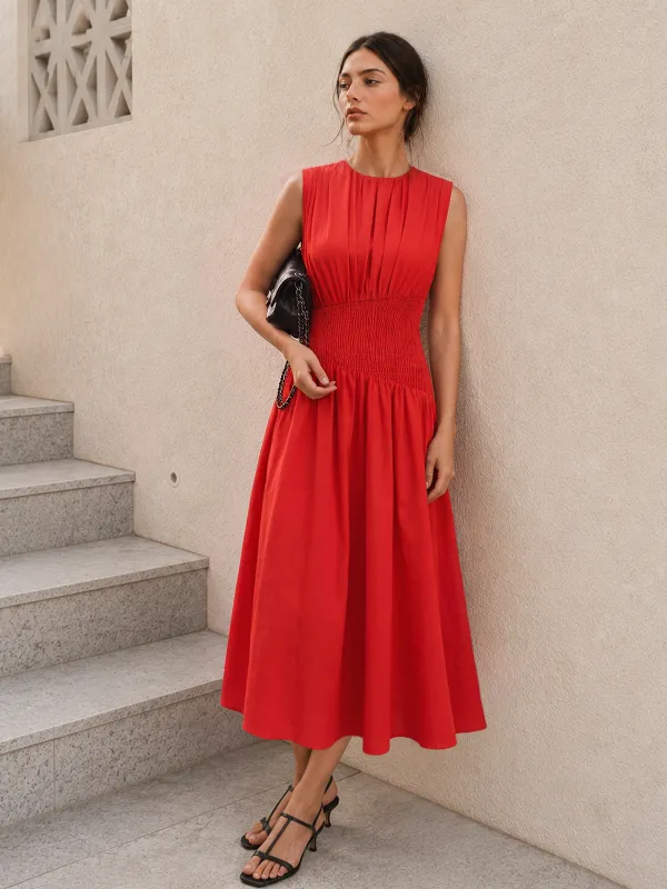 Sleeveless Shirred Waist Cotton Linen Dress made by COMMENSE