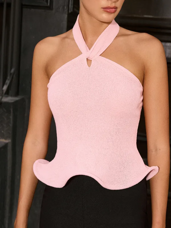 Halter Neck Ruffle Hem Knit Top made by COMMENSE