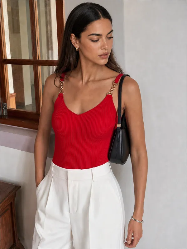 Metal Chain Strap Ribbed Knit Vest made by COMMENSE